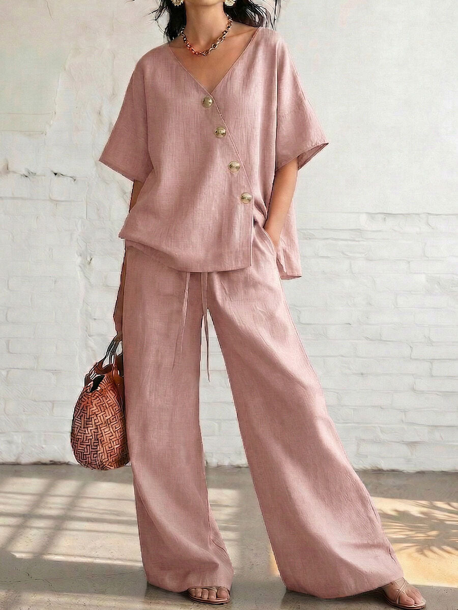 Women's Solid Color Casual Stylish Top And Wide Leg Pants Two-piece Set