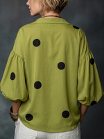 Polka-dot Loose-fitting Top With A Partial Button-front Neckline And Long Puff Sleeves