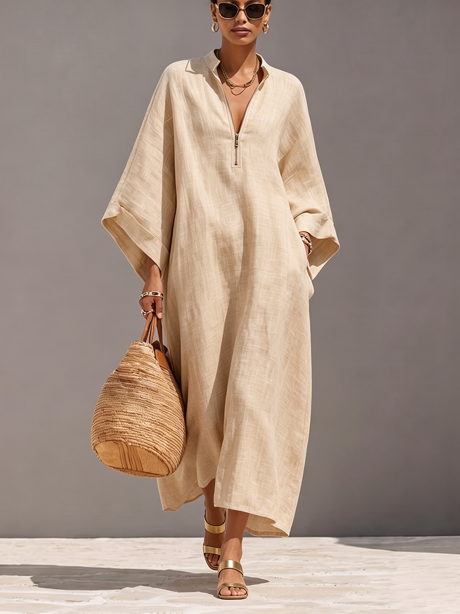 Minimalist Beige Cotton-linen Zip-front Caftan Maxi Dress