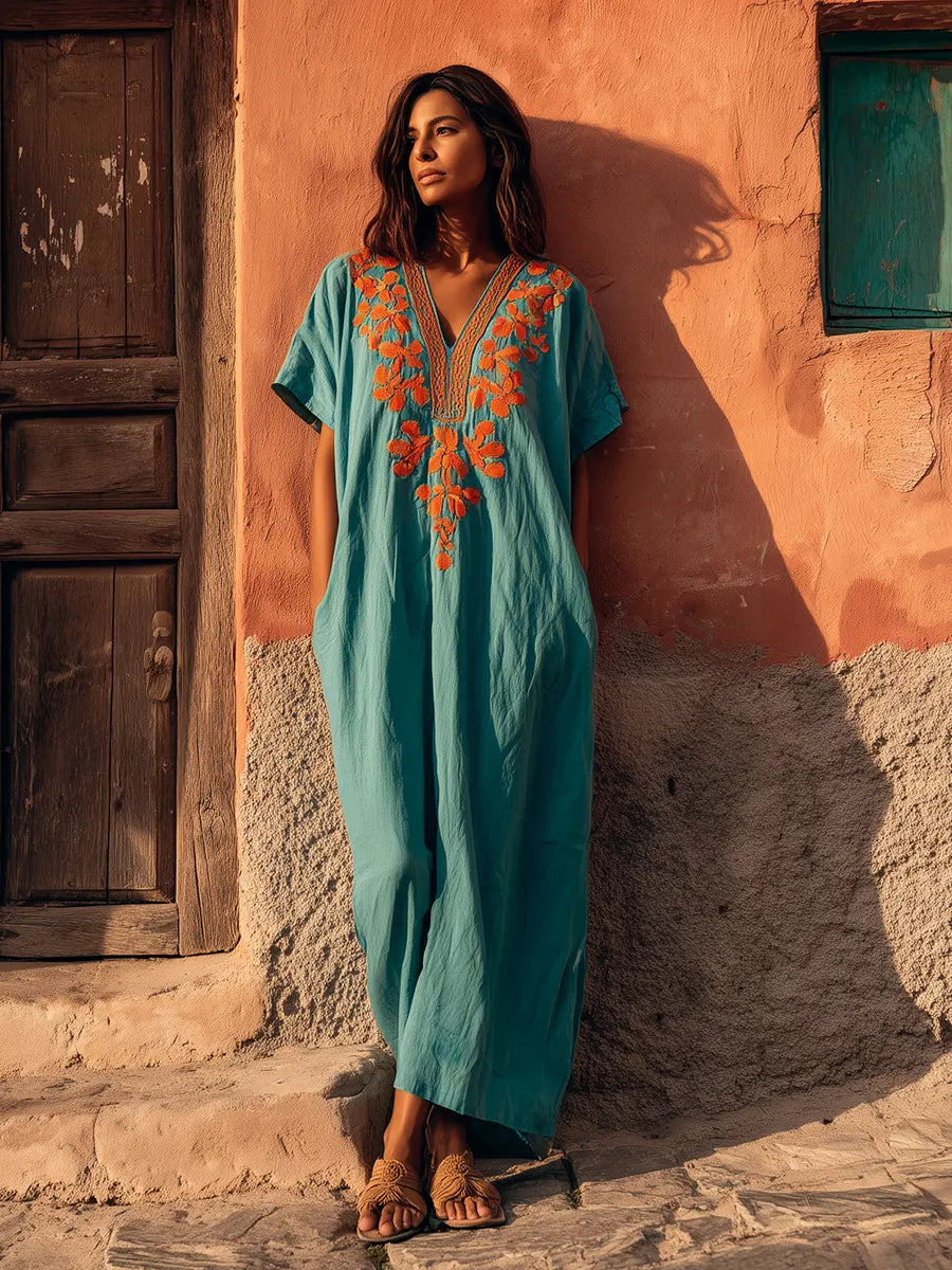 Vibrant Embroidered V-neck Kaftan Maxi Dress
