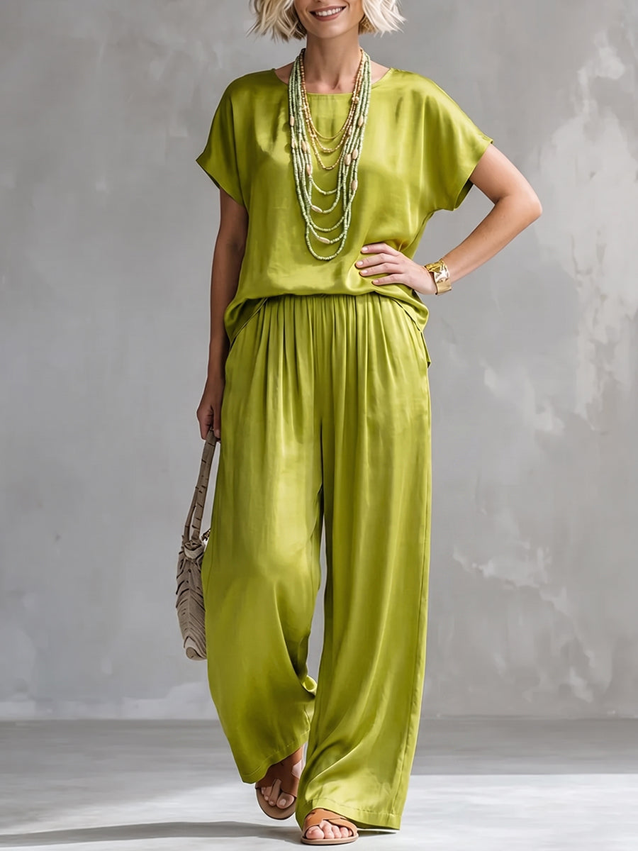 Cozy Elegant Creamy Soft Satin Two-piece Set