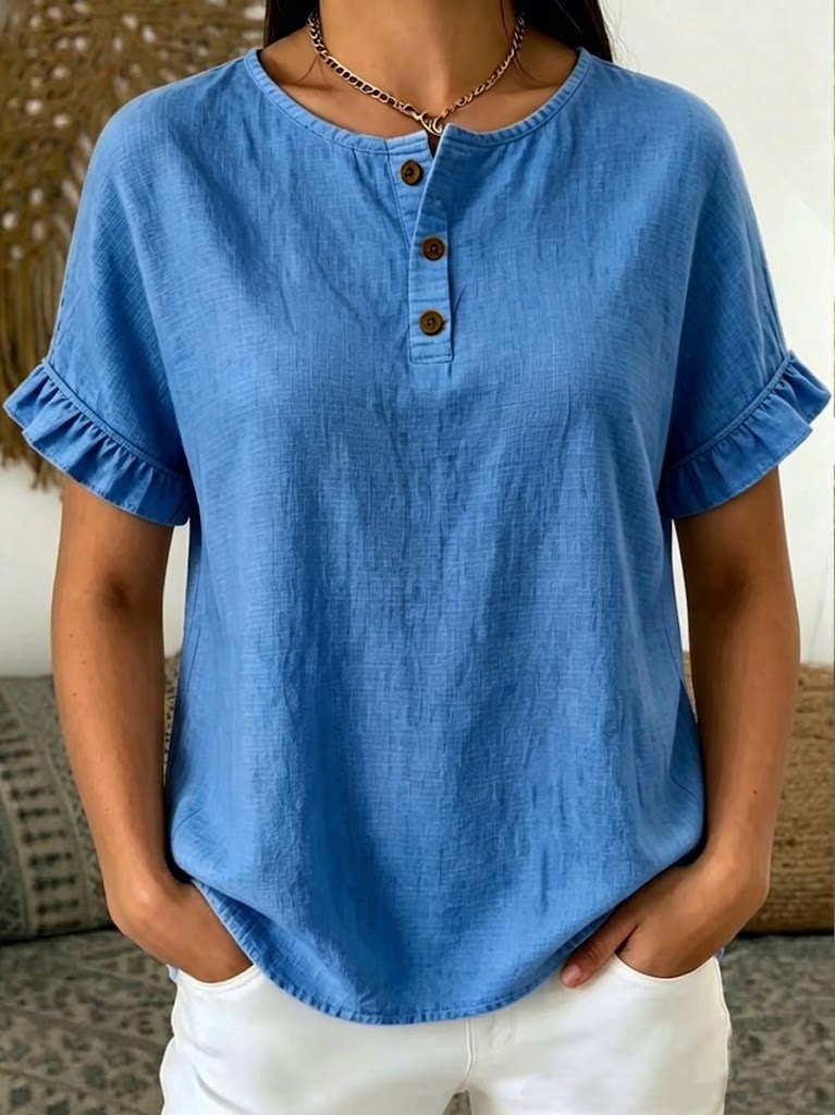 Minimalist Linen-cotton Short-sleeve Henley Top