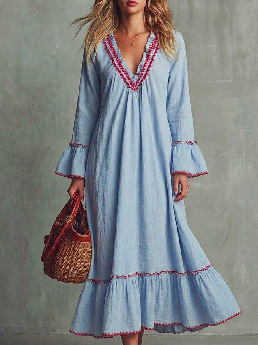 Women's Ruffled Art Casual Long Sleeve Cotton Linen Maxi Dress