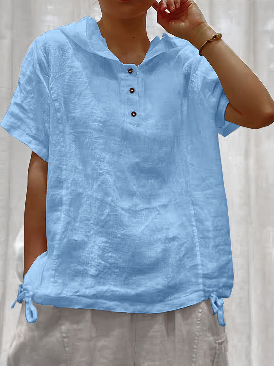 Women's Solid Color Hooded Casual Cotton And Linen Top