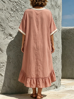 Pink Cotton-linen Midi Dress Featuring White Trim, A V-neck, Short Batwing Sleeves, And An Asymmetrical Ruffled Hem.
