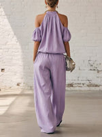 Women's Off-shoulder Halter Art Comfortable Casual Top And High-waisted Wide-leg Pants Cotton Linen Two-piece Set
