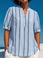 Vertical-striped, Mandarin-collar, Short-sleeve Slub Linen Top With A Small V-neck And Partial Button Placket