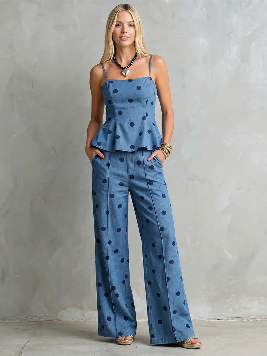 Elegant Denim-Style Polka Dot Peplum & Wide-Leg Pant Set