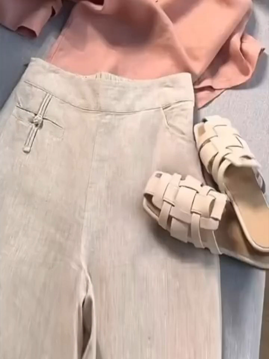 Women's Solid-color High-waisted Loose-fit Cotton-linen Wide-leg Casual Pants
