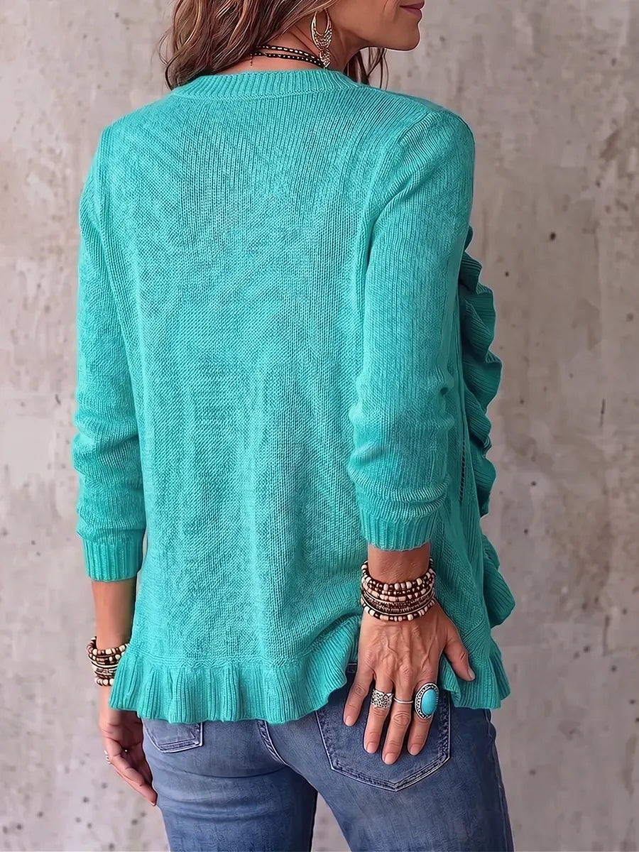 Boho-Chic Turquoise Ruffled Open-Front Knit Cardigan