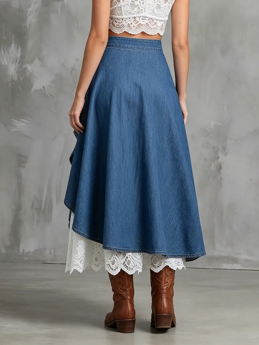 Romantic Denim & Lace Asymmetrical Maxi Skirt