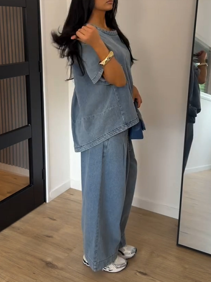Casual Vintage-style Washed Denim Two-piece Set (top And Pants)