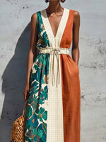 Women's Retro Floral Stylish Art Print Casual Sleeveless Cotton Linen Long Dress