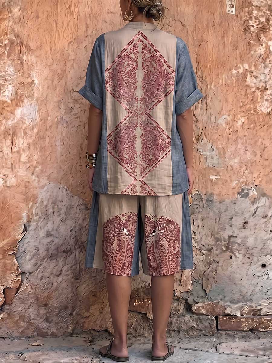 Women's Vintage Placement-print Cotton-linen Set: Short-sleeve Stand-collar Loose Casual Top & High-waisted Wide-leg Shorts