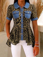 Women's Leopard Print Peter Pan Collar Short-sleeve Casual Loose Denim Cardigan With Chiffon Panels