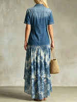 Women's Retro Lapel Denim Patchwork Elegant Art Casual Maxi Dress
