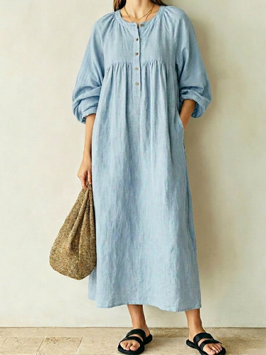 Loose-fit Cotton-linen Midi Dress Featuring A Small Henley Collar, Half-button Placket, Raglan Sleeves, And Voluminous Puffed Sleeves.
