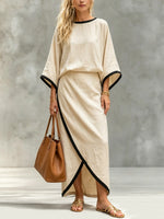 Women's Casual 3/4 Sleeve Top And Skirt Cotton And Linen Two-piece Set
