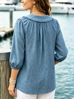 Women's Casual Flower Stylish Peter Pan Collar Art 3/4 Sleeve Cotton Linen Shirt