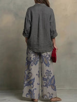 Effortless Bohemian Set – Relaxed Linen Shirt & Printed Wide-Leg Pants