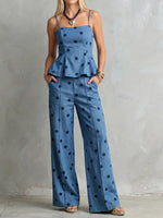 Elegant Denim-Style Polka Dot Peplum & Wide-Leg Pant Set
