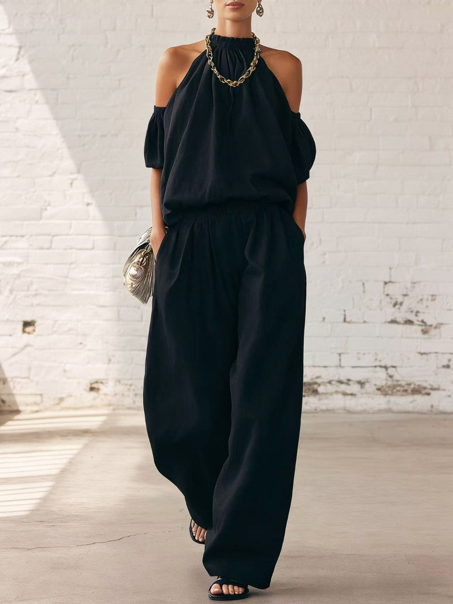Women's Off-shoulder Halter Art Comfortable Casual Top And High-waisted Wide-leg Pants Cotton Linen Two-piece Set