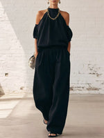 Women's Off-shoulder Halter Art Comfortable Casual Top And High-waisted Wide-leg Pants Cotton Linen Two-piece Set
