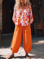 Artistic Floral Print Cotton-linen Two-piece Set