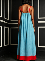 Resort Contrast Color Elastic Square Neck Thin Strap Vertical Stripe Red Splice Pocket Hem Loose Ankle Dress