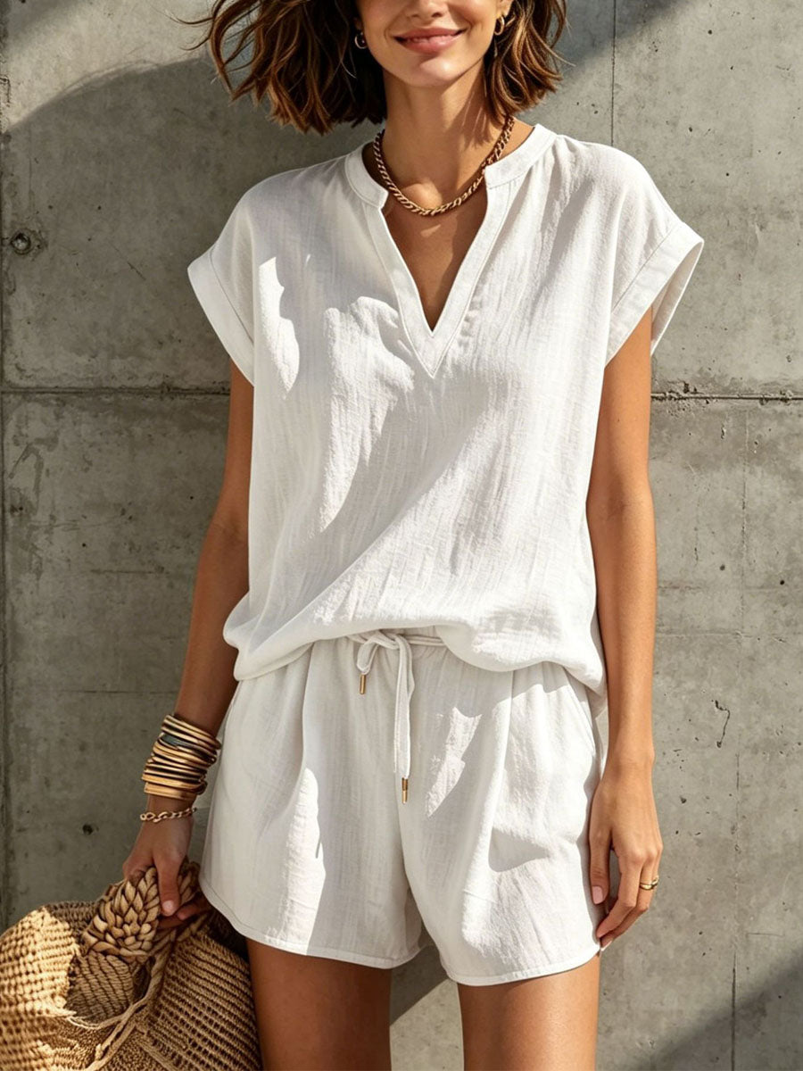 Women's Solid Color Art Stylish Casual Short Sleeve Top And Pants Breathable Two-piece Set