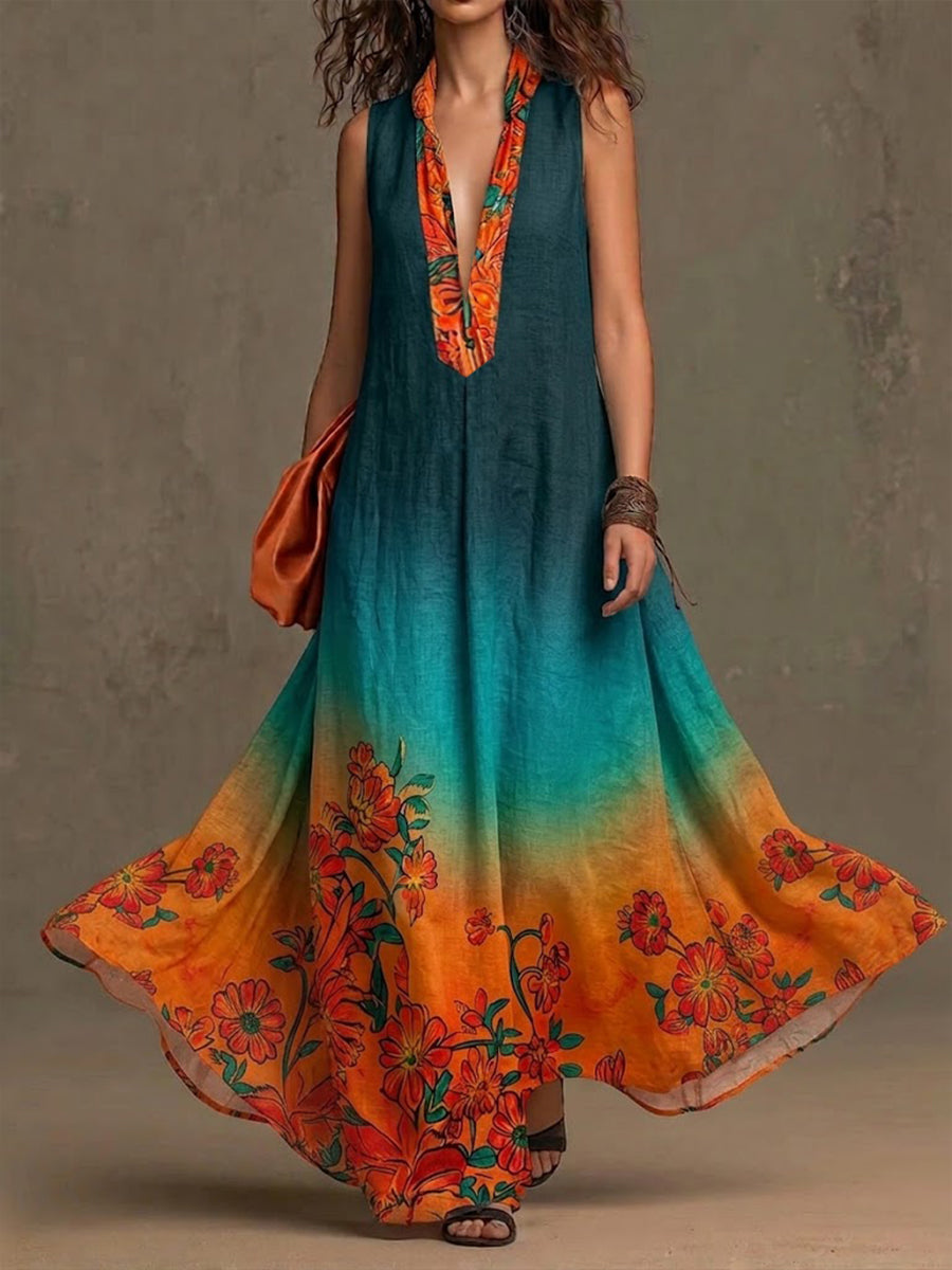 Bohemian Floral Print Sleeveless Linen And Cotton Maxi Dress