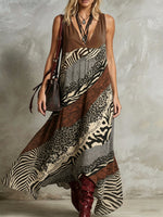 Women's V-Neck Sleeveless Mixed Animal Print Chiffon Maxi Dress With Side Pockets