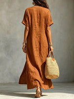 Women's Split Art Casual Stylish V-collar Short Sleeve Cotton Linen Maxi Dress