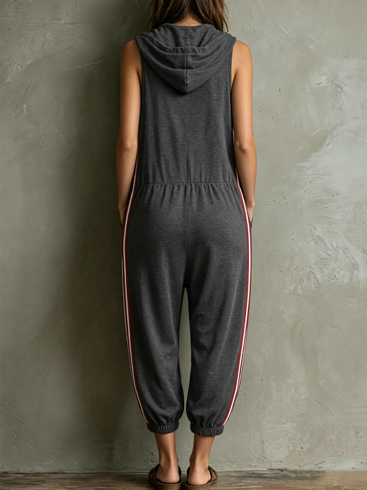 Casual Sports Sleeveless Hood V-neck Button Front Contrast Side Stripe Multi-pocket Loose Cargo Jumpsuit