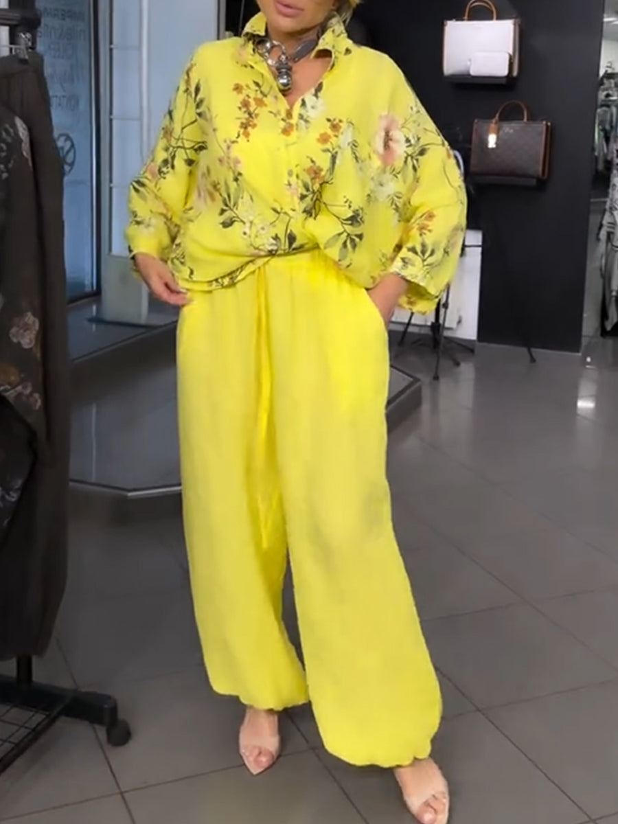 Two-piece Set Featuring A Loose, Casual Floral-print Linen-cotton Shirt And Solid-colored Trousers.