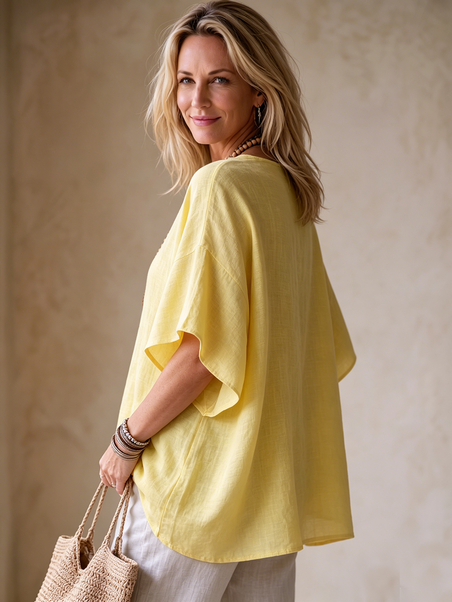 Relaxed Breathable Cotton-linen Top With Ruffled Hem