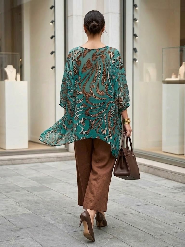 Two-piece Set Featuring A Loose, Cozy Leopard-print Chiffon Top And Brown Linen-cotton Trousers.