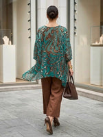 Two-piece Set Featuring A Loose, Cozy Leopard-print Chiffon Top And Brown Linen-cotton Trousers.