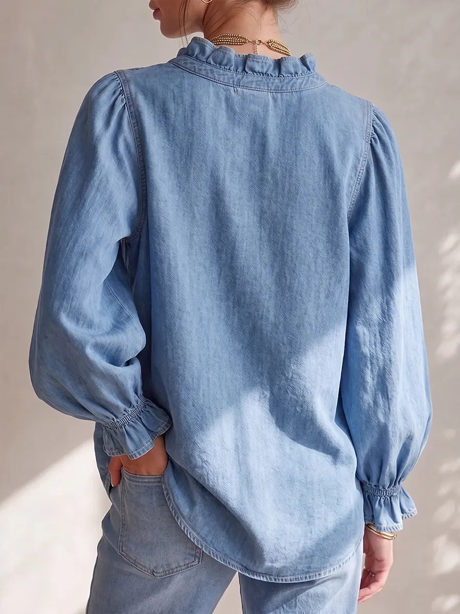 Soft Ruffled V-neckline Denim Shirt