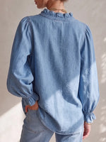 Soft Ruffled V-neckline Denim Shirt