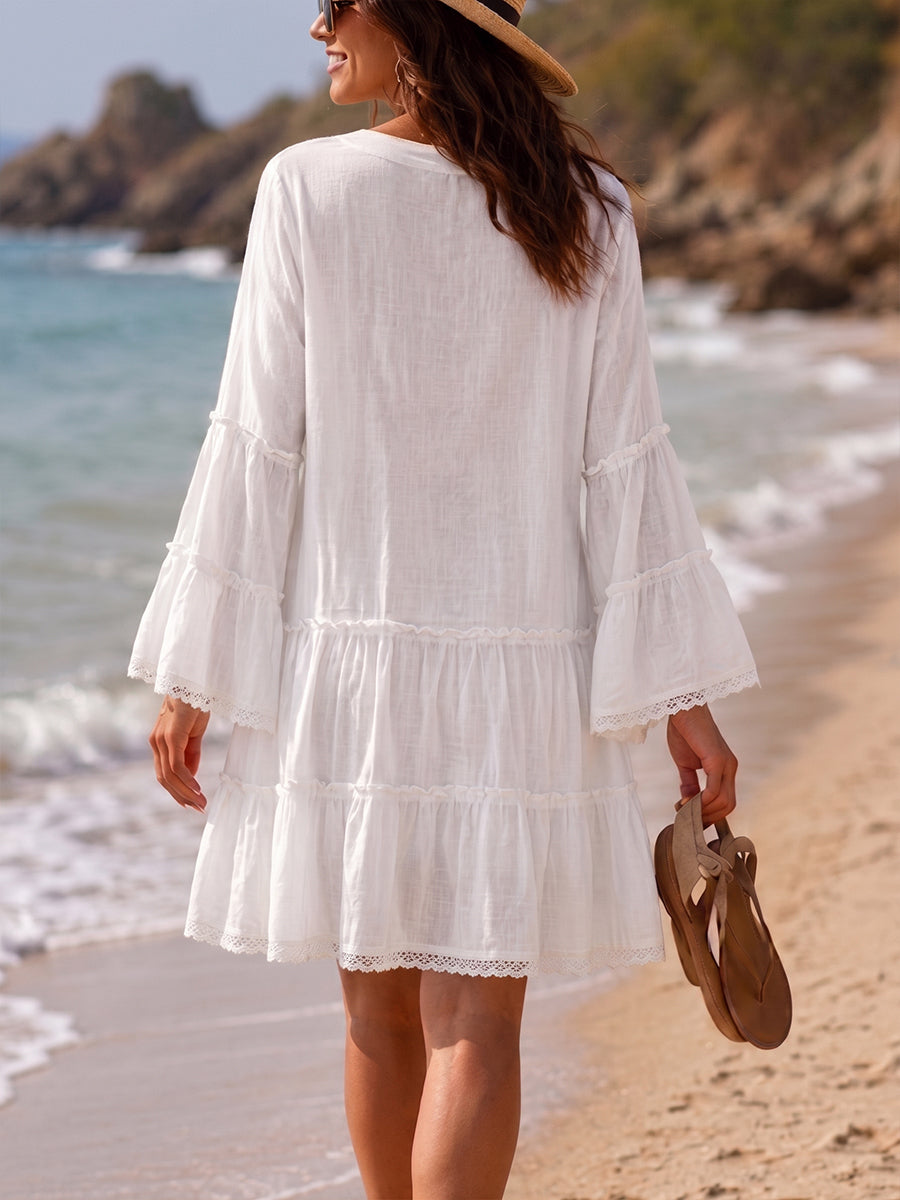 Loose-fit Casual Linen-cotton Dress With Lace Paneling