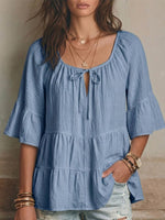 Square-neck Cotton-linen Top Featuring Front Ties, Cut-out Details, Tiered Ruffles, And Three-quarter Length Flared Sleeves