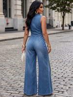 Timeless Elegance-Metal-button Stretch Denim Wide-leg Blazer Jumpsuit