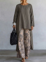 Two-piece Set Featuring A Floral Print Wide-leg Linen Pant And A Long, Side-slit Tunic With A Round Neck And Roll-tab Long Sleeves