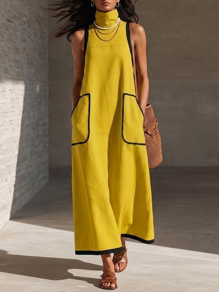 Casual Sleeveless Linen-blend Dress With Contrast Trim
