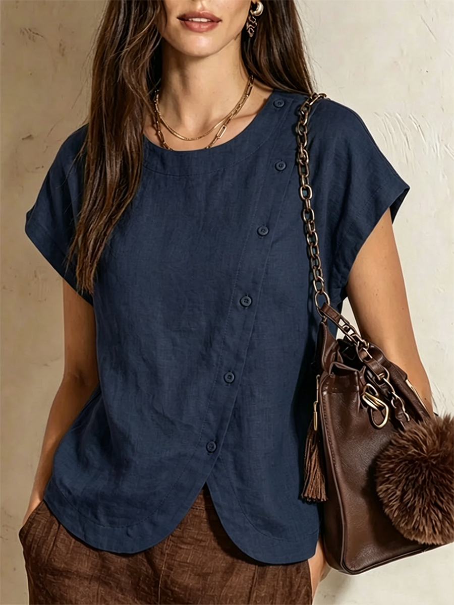 Cotton-linen Top Featuring A Round Neck, Diagonal Button Closure, Overlapping Asymmetrical Hem, And Cap Sleeves