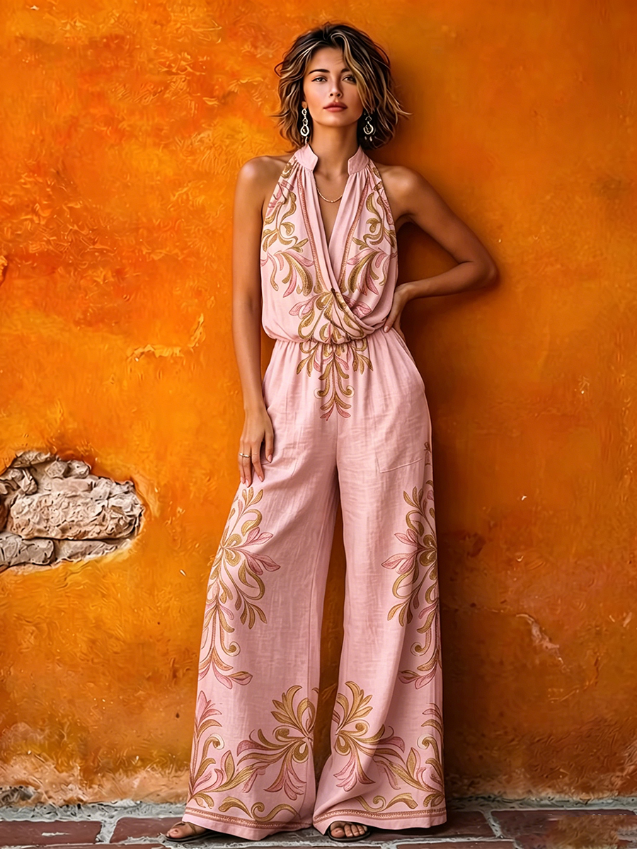 Boho Floral Print Sleeveless Cotton-linen Jumpsuit