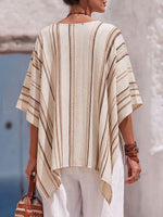 Women's Striped Print V-neck 3/4 Sleeve Casual Loose Cotton-linen Top