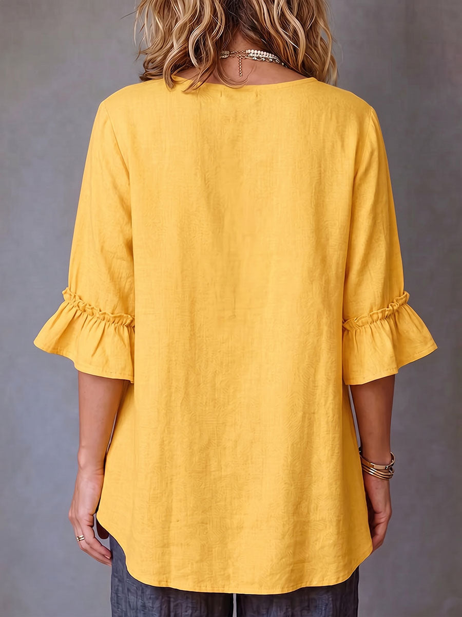 Women's Solid Color U-neck 3/4 Sleeve Casual Loose Cotton-linen Top