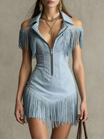 Women's Retro Hot Off-shoulder Fringe Art Zip Casual Short Dress